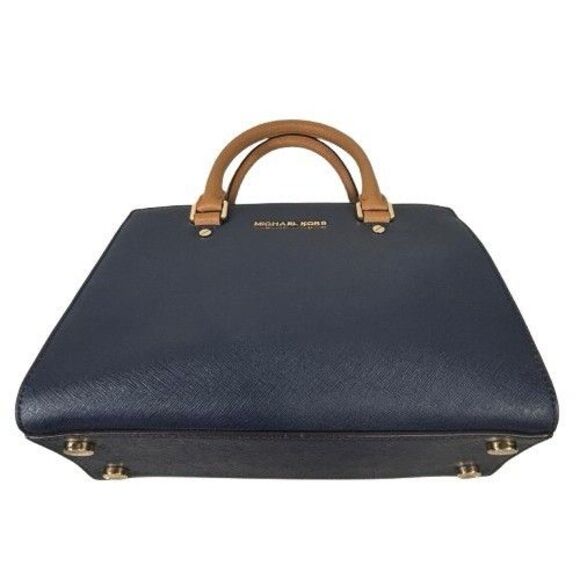 Michael Kors Selma Saffiano Leather Satchel Shoulder Bag Tricolor Navy White Tan - Picture 11 of 16